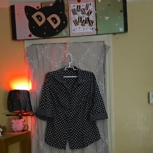 Lane Bryant Navy and White Polka Dot Button Up Blouse, W/Cute Roll-up Sleeves